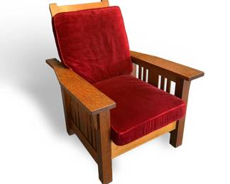 Mission Oak Morris Chair, 1915
w/ re-upholstered mohair cushions