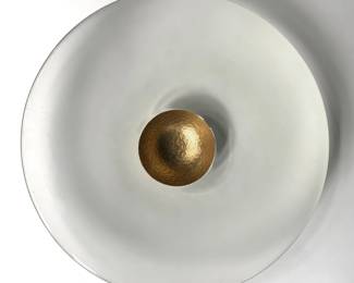“The Circle,” George Bucquet

cast glass w/copper??; 16” diam x 4” h; purchased in 1998, imperfection on underside

Estimated value based on sales of Bucquet’s work on 1stDibs, eBay = $2000 – $4500 (these prices do not represent what the sale price will be)