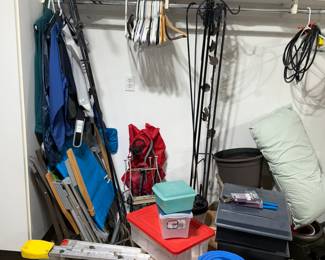 Yoga mat, ladder, yard hooks, lawn chairs