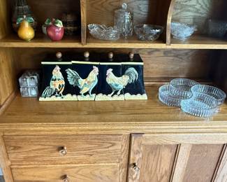 Rooster canisters, serving pieces, and decor