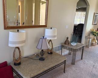 Large beveled mirror, marble top coffee table, end table, lamps