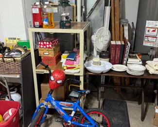 Bike, ladder, dishes, stand, fan, misc