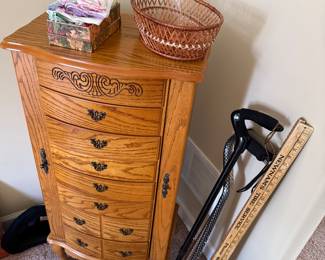 Jewelry case, hankies, canes, vintage yard sticks