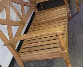 Natural teak patio bench, chair and table