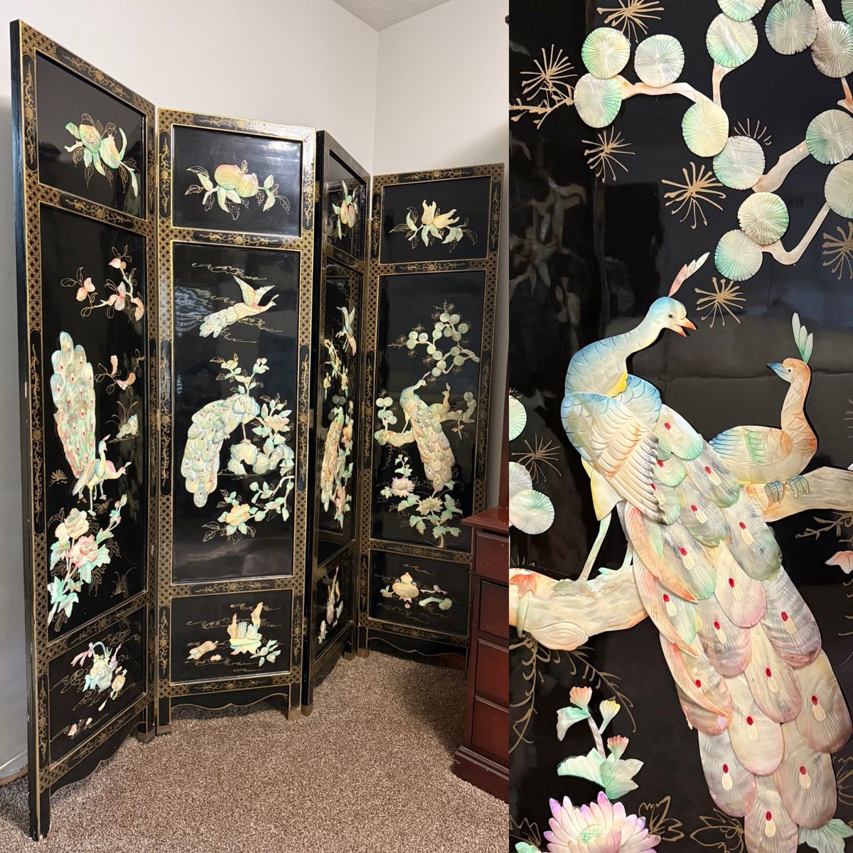 VINTAGE ASIAN BLACK LACQUER STONE
JADE MOTHER PEARL 4 PANEL ROOM
DIVIDER