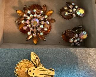 Vintage Signed Judy Lee Floral Brooch Earrings Set