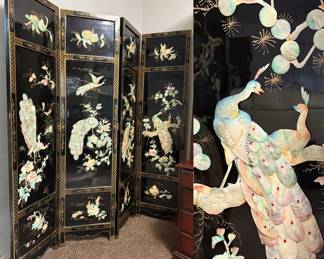 VINTAGE ASIAN BLACK LACQUER STONE
JADE MOTHER PEARL 4 PANEL ROOM
DIVIDER