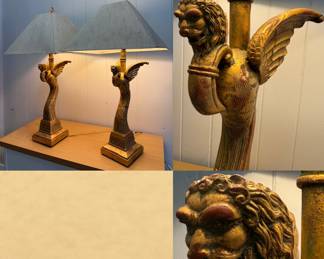 Pair Gold Gilded Griffin Lamps