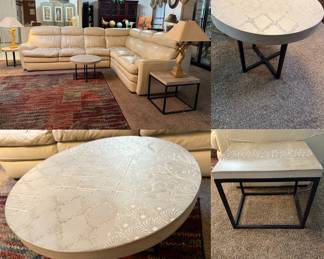 Leather Sectional, 3 Stone/Metal Side Tables