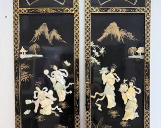 ( 2 ) Sml Panels VINTAGE ASIAN BLACK LACQUER STONE JADE MOTHER PEARL