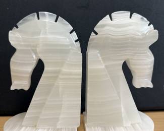 Pair Bookends Trojan Knight Horse Head Carved Marble Stone Book Ends 8 1/2"