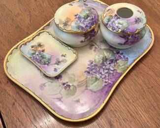 Vintage Limoges Porcelain Vanity Dresser Set Purple Floral Hand Painted 4 Piece