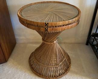 Vintage Mid Century Modern Glass Top Wicker Rattan Hourglass Side Table