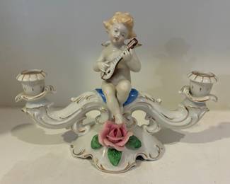 Mid Century Gilded Cherub Double Candlestick