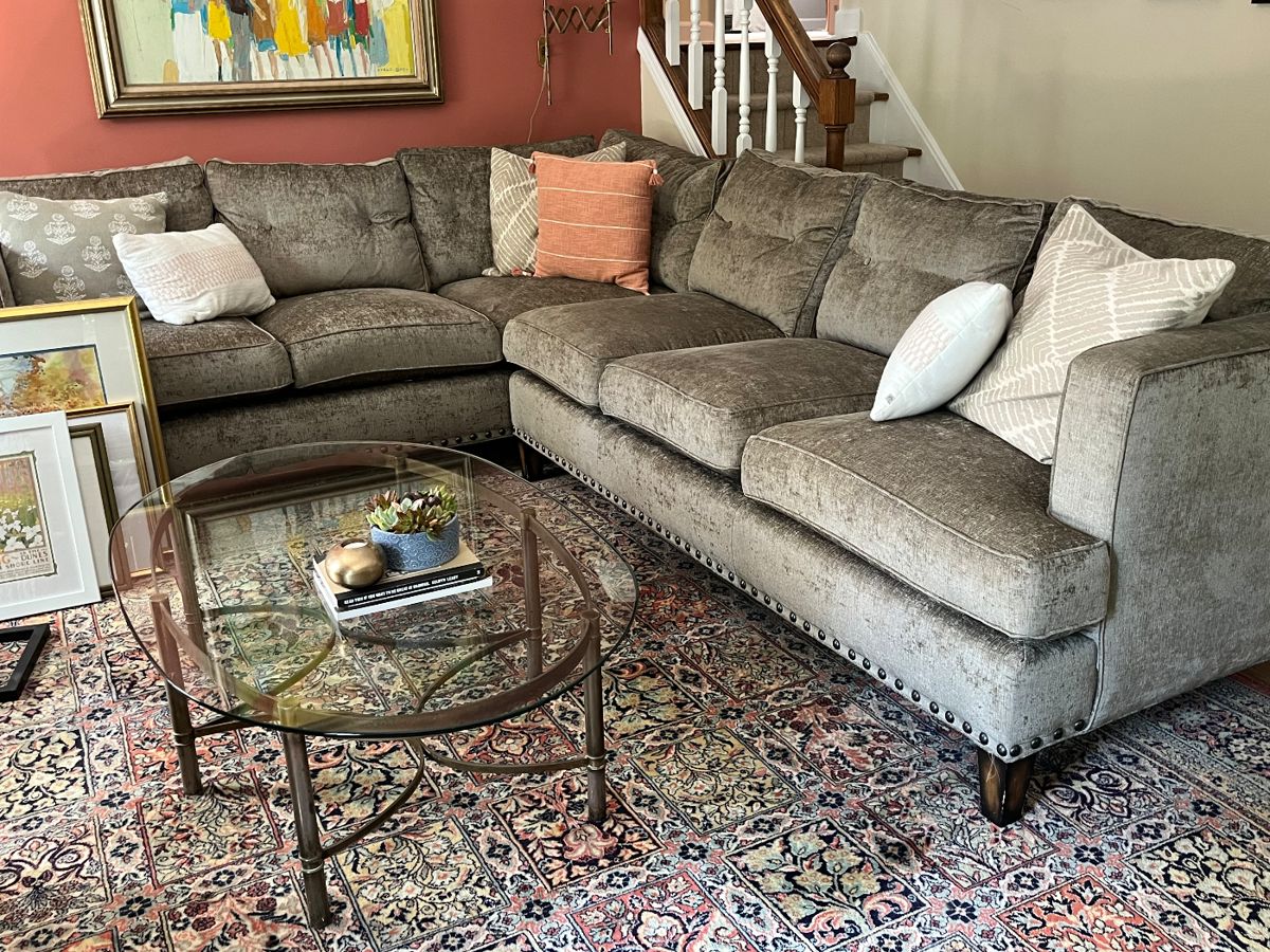 Arhaus sofa sectional with nail head trim - 118 “L right side x 92” L left side x 29” frame height x 39”d