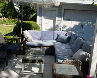 outdoor sectional patio furniture, chairs, cushions, table, umbrella