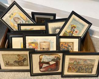 Vintage framed postcards and advertising
