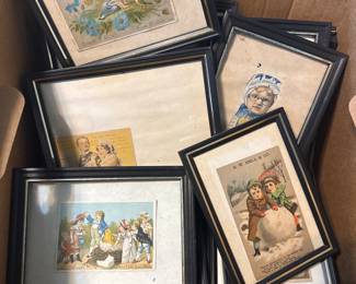 Vintage framed postcards and advertising