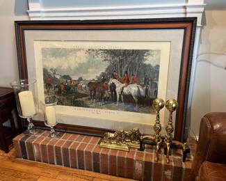 Brass andirons, brass lion book ends, Fox Hunting, Plate 1 antique engraving