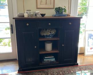 Antiques on Old Plank vintage cabinet / sideboard / media cabinet - soft black with wood accents 59”W x 48”H x 24”d