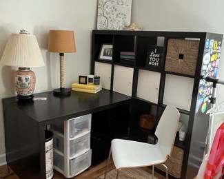 desk and storage cube unit, lamps, desk chair