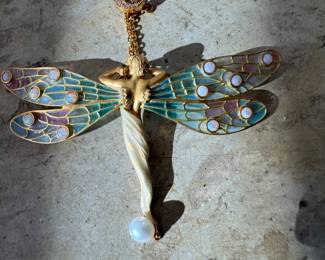 Masriera  18kt "Plentitude" pendant brooch with plaque-a-jour and basse taille fired enamel, 12 opals 1.26 ct and a pearl    total weight with chain 20.2 dwt