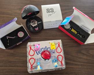 Collectible watches, Michael Jordan, Britney Spears, and Pokemon with bonus key chains.