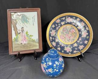 Asian Painted Decorative Pieces Beautiful Colors of Blue, Pink, and Gold
