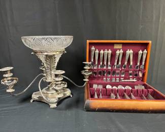 Vintage Silverplate Epergne And Flatware