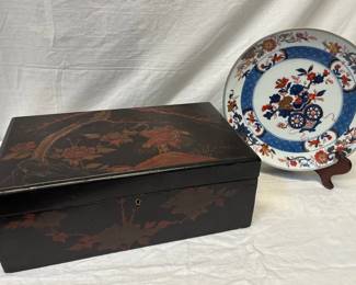 Antique Asian Lap Desk And Decorative Plate