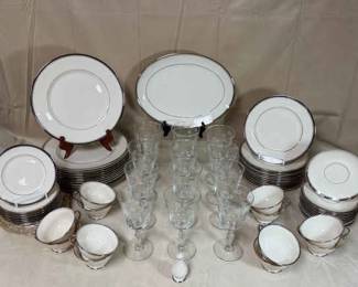 Elegant Ivory Silver China Set with Etched Glasses