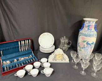 Plates, Goblets, Flatware, Vase Lot