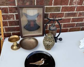 Asian themed decor - brass ginger jar, bell, copper dish