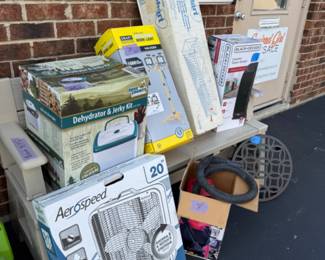 Box Fan, Dehydrator & Jerky kit, Double Lamp work light, Animal trap, Ceramic tower heater, plant Roller plant stand,