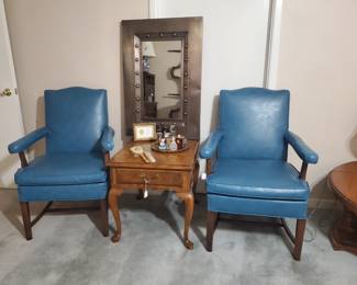 2 matchingblue  "leather" chairs- 27x37
Drexel side table-22x27x22