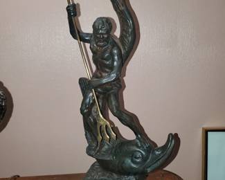 Bronze statue of Neptune his triton & a fish on a marble base- 17" 