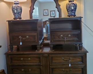 Drexel dresser-60x19x31
Mirror-46x27
Matching side tables-24x15x24