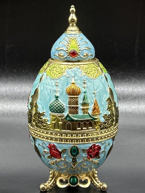 Enameled Fabergé Style Egg Trinket Box w/ Kremlin