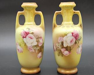 Pair of Antique Yellow Handled Vases, RH Austria