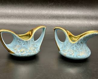 Blue Speckled Aladdin Creamer & Sugar w/ 22k Gold