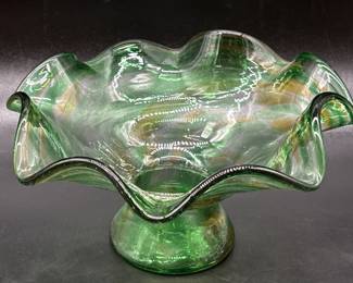 Vintage Footed Green & Orange Ruffled Glass Bowl