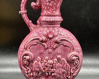 Tavern Scene on Rose Colored Ceramic Pitcher