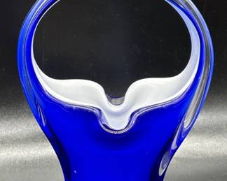 Murano-Style Cased Blue & White Basket Vase