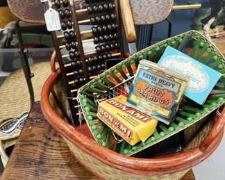 Vintage chair. Vintage baskets. Abacus.