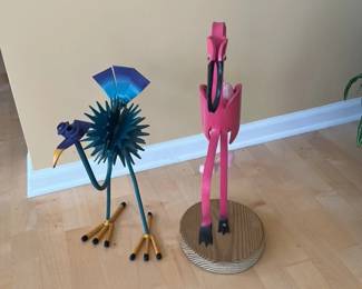 Metal Flamingo & Metal Bird Sculpture 