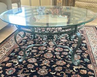Round Glass Top Coffee Table with Ornate Metal Base 