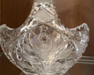 Cut Crystal Basket with rose Etching 