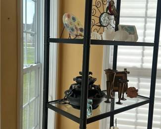 Black Metal and Glass Etagere Shelf Unit with Assorted Decorative Items 
