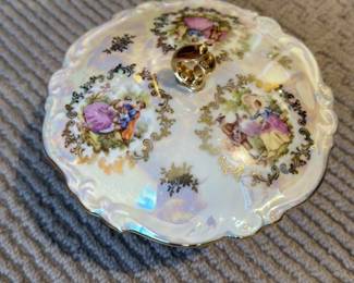 Vintage German Porcelain Lidded Bowl with Rococo Scene Decoration