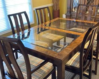 Modern Dining Table and Chairs Set with Burl Wood and Glass top 